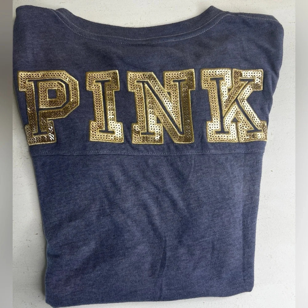 PINK Victoria Secret Blue Short Sleeve Tshirt with Gold Seqins on back. Size XS